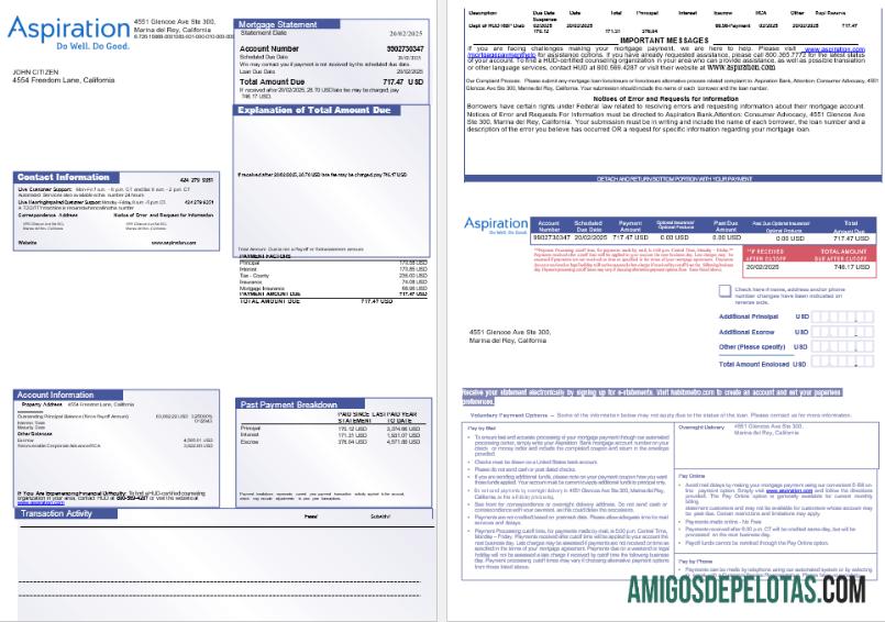 Extrato de hipoteca do USA Aspiration Bank em formatos Word e PDF, 3 páginas 1 2 modelo